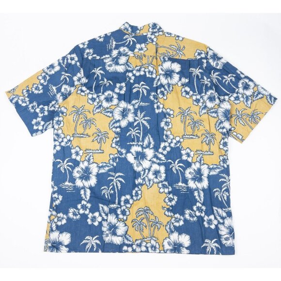 Reyn Spooner Floral Hawaiian Shirt Men's Large Blue Yellow Palm Tree Aloha - Picture 3 of 11